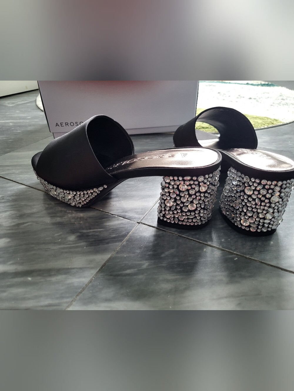 Aerosoles Black Satin Slide Sandals with Crystal Embellishments 8.5 - Picture 2 of 9